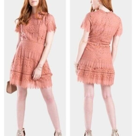 Altar'd State Pink Lace Overlay Marsala Wedding Sheath Large Short Sleeve Dress - Picture 1 of 6